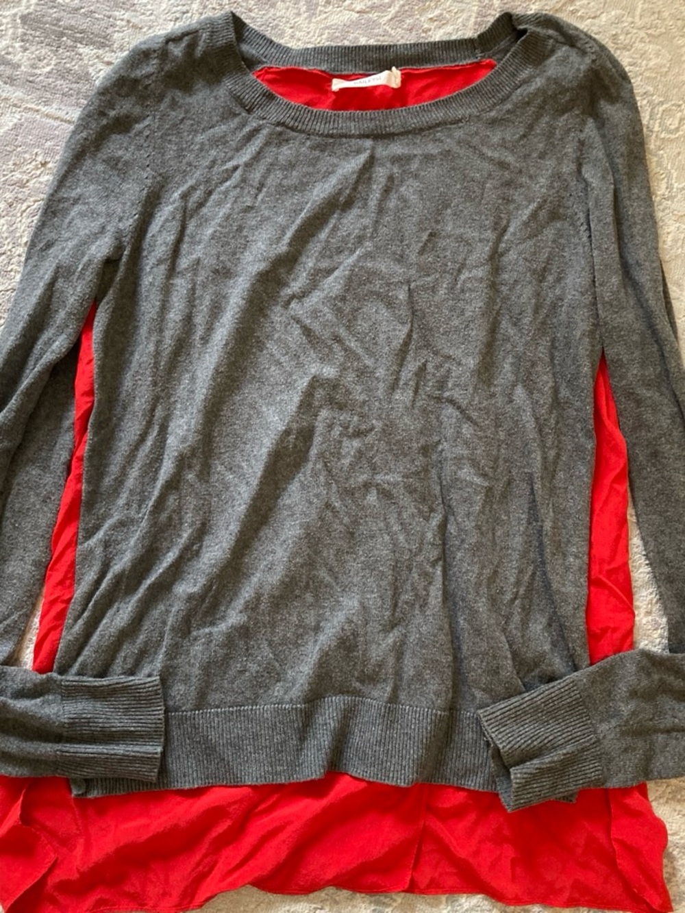 Bailey 44 Gray Crewneck Sweater with Red Layered Hem